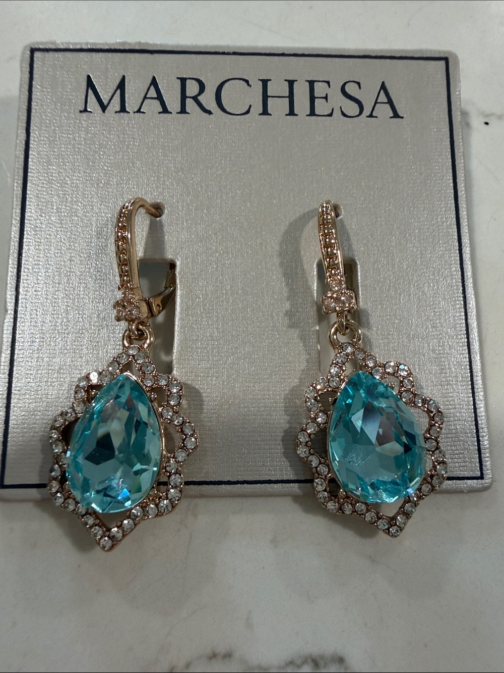 Marchesa 1 1/2” Gold Aqua Teardrop Crystal Drop Earrings